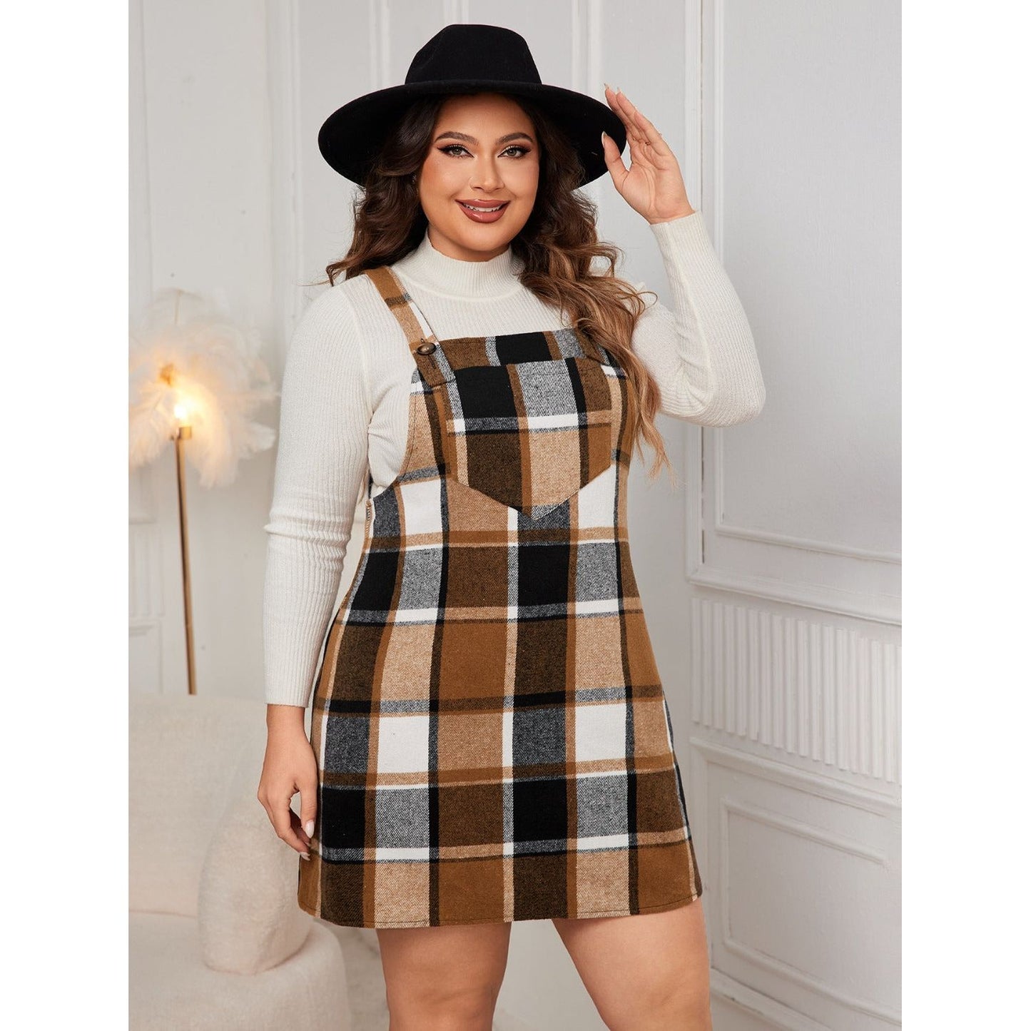 Honey Plus Size Plaid Wide Strap Overall Dress