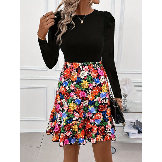 Floral Round Neck Long Sleeve Dress