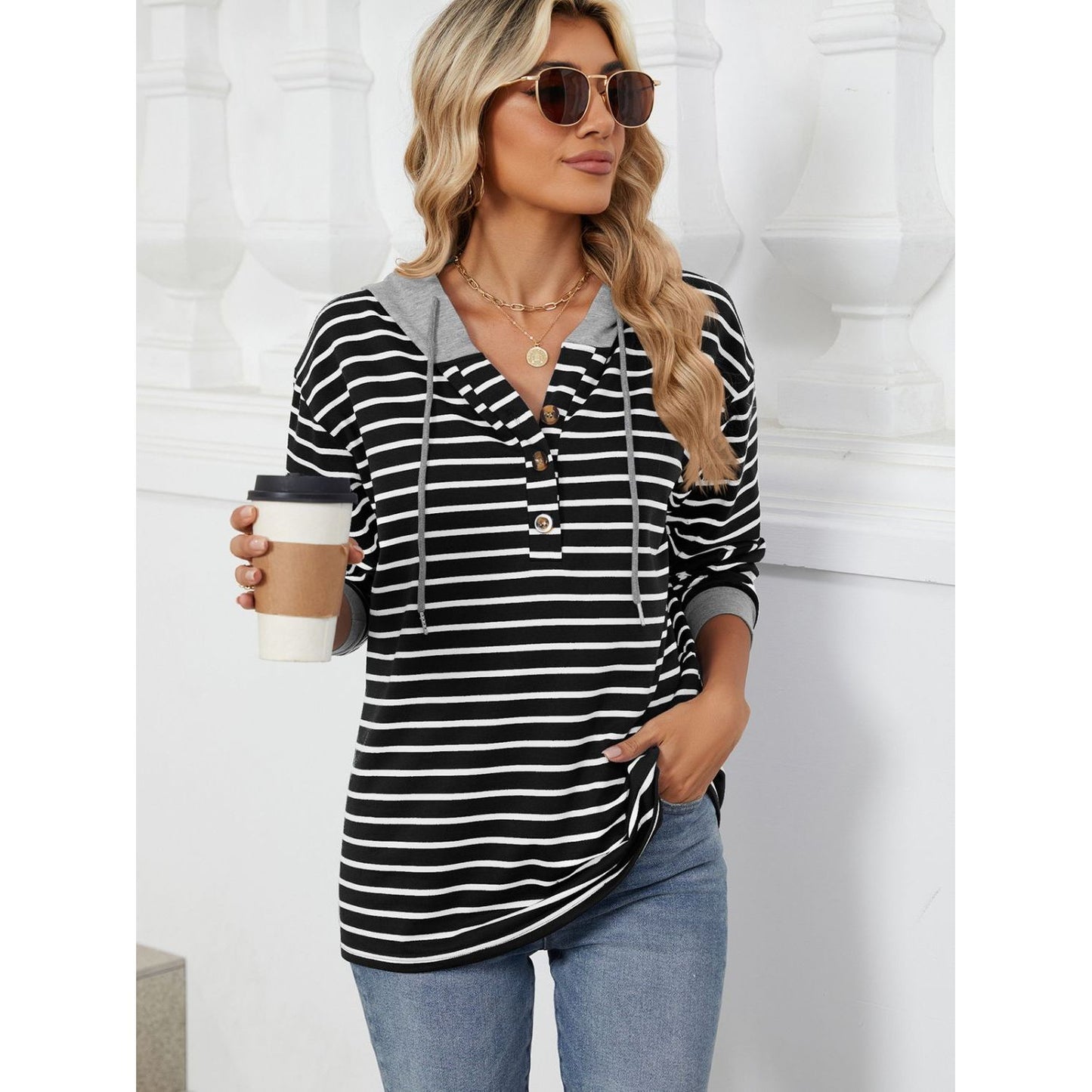 Drawstring Striped Long Sleeve Hoodie