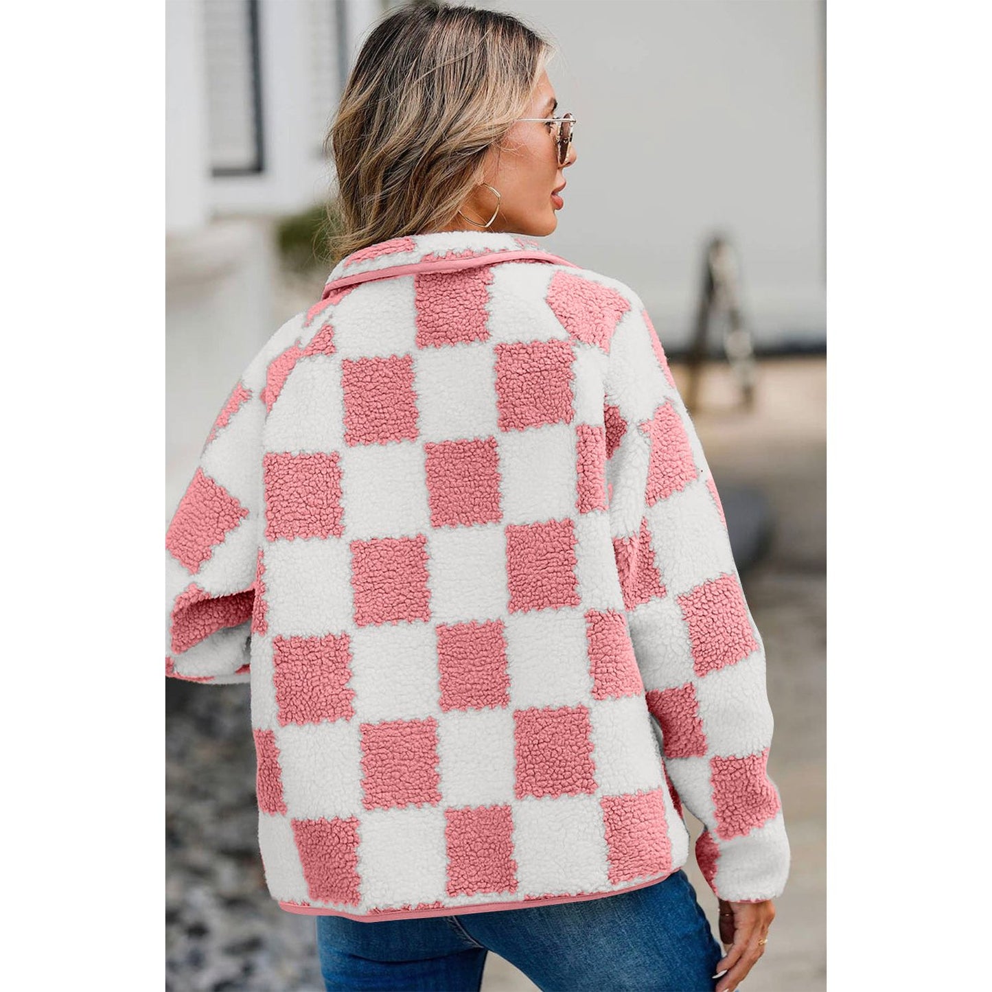 Checkered Snap Down Long Sleeve Teddy Jacket