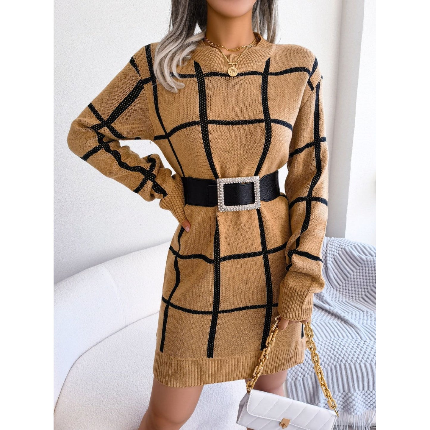 Plaid Round Neck Dropped Shoulder Sweater Dress