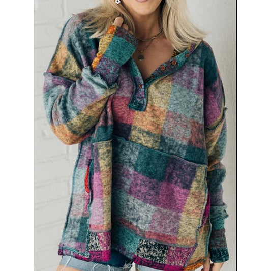 Multicolor Brushed Plaid Buttoned Pullover Oversized Hoodie