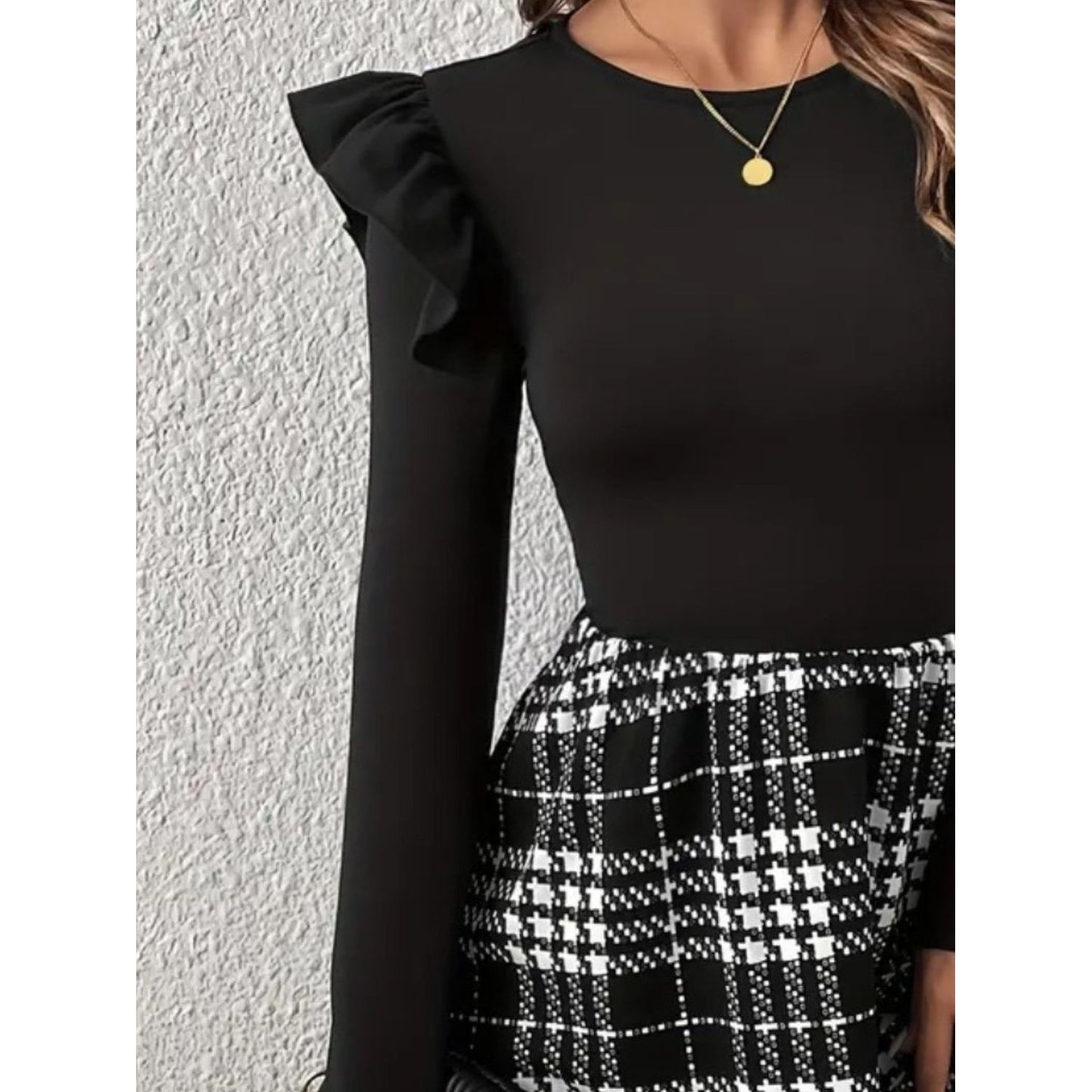 Ruffled Plaid Round Neck Long Sleeve Dress