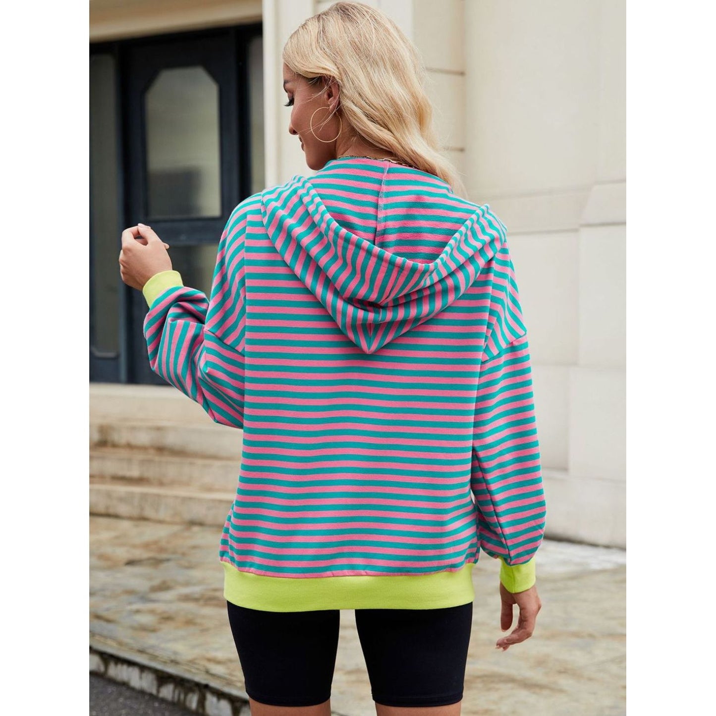 Drawstring Striped Zip Up Long Sleeve Hoodie