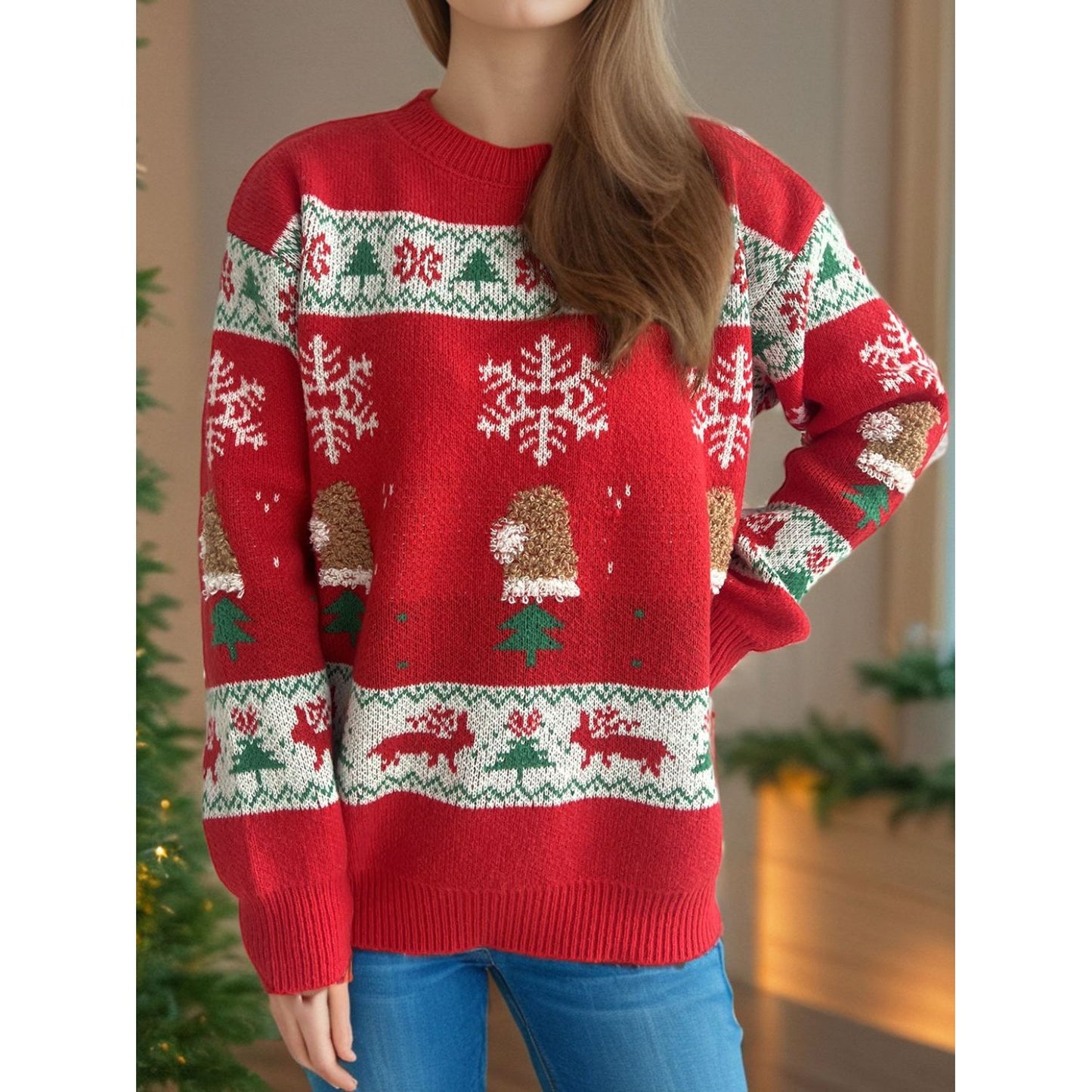 Christmas Element Round Neck Long Sleeve Sweater