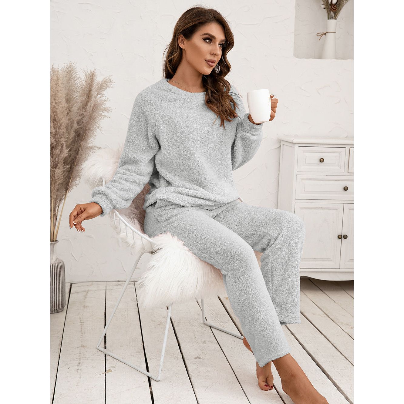 Ivy Lane Teddy Long Sleeve Top and Pants Lounge Set