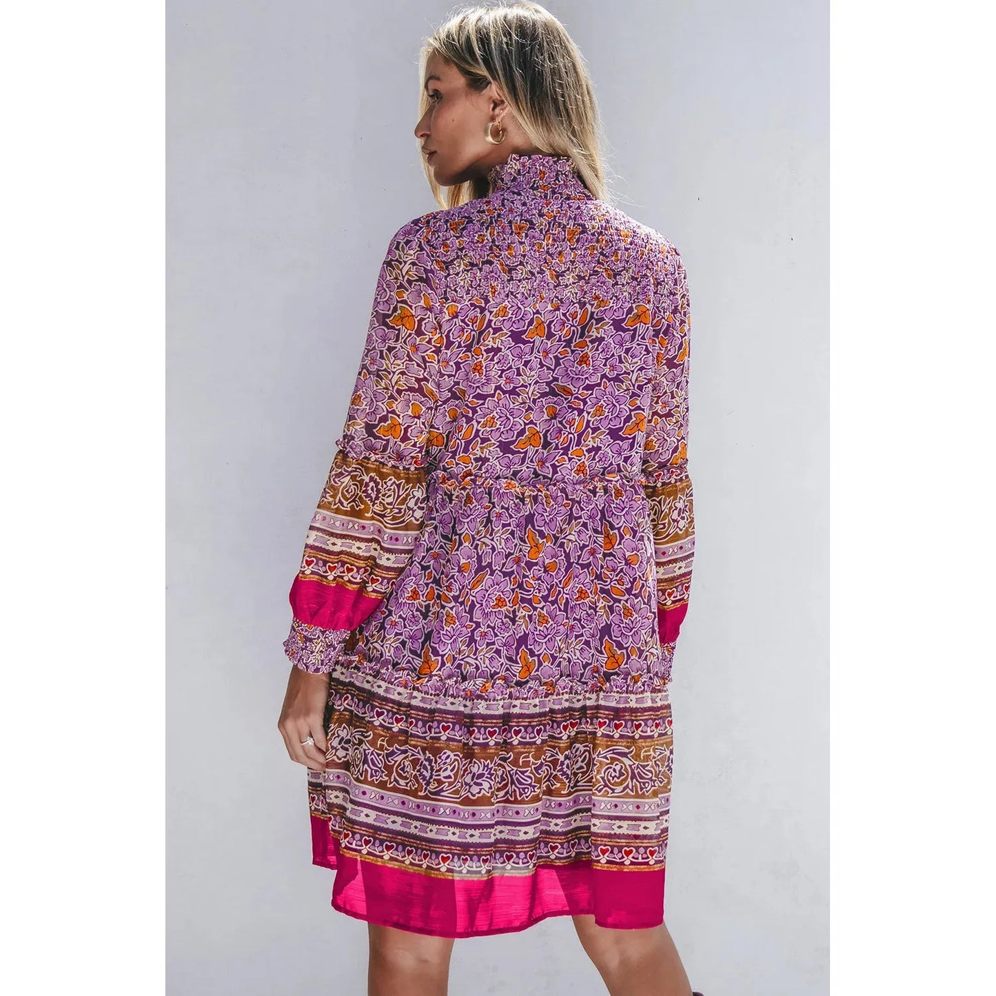 Smocked Floral Turtleneck Long Sleeve Dress