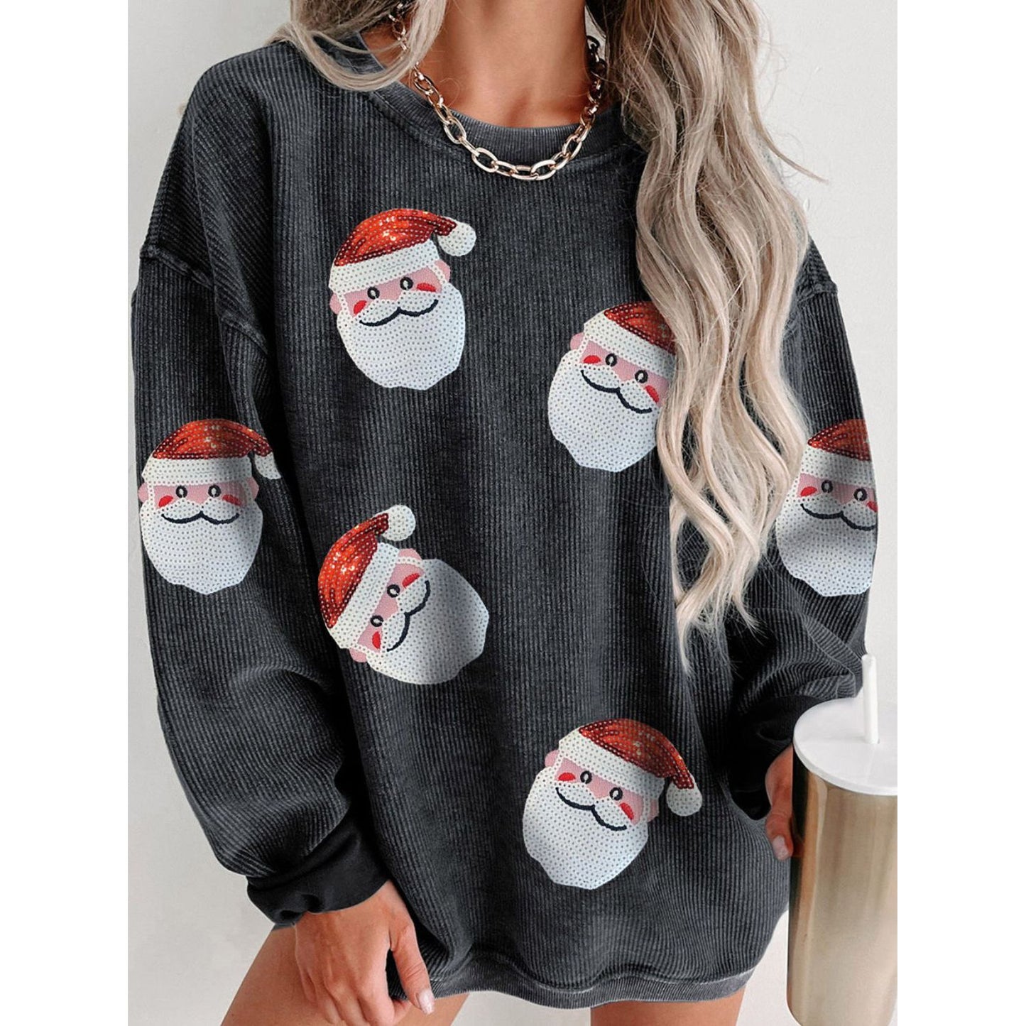 Sequin Santa Patch Ribbed Sweatshirt