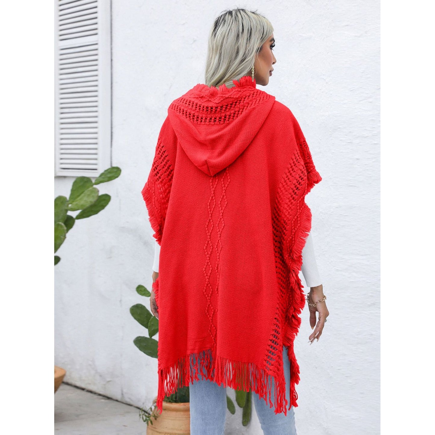 Fringe Trim Buttoned Hooded Poncho