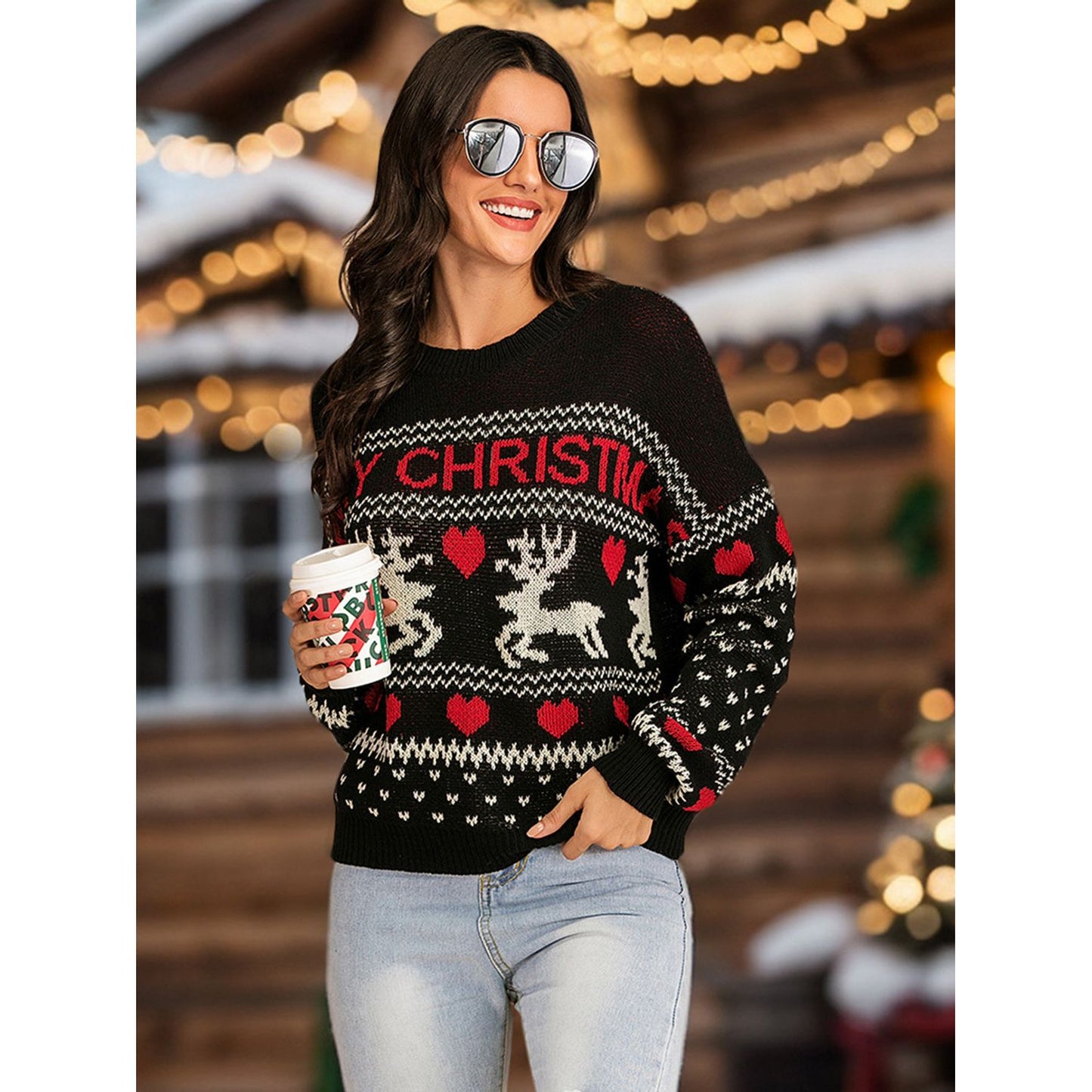 Perfee Christmas Element Round Neck Sweater