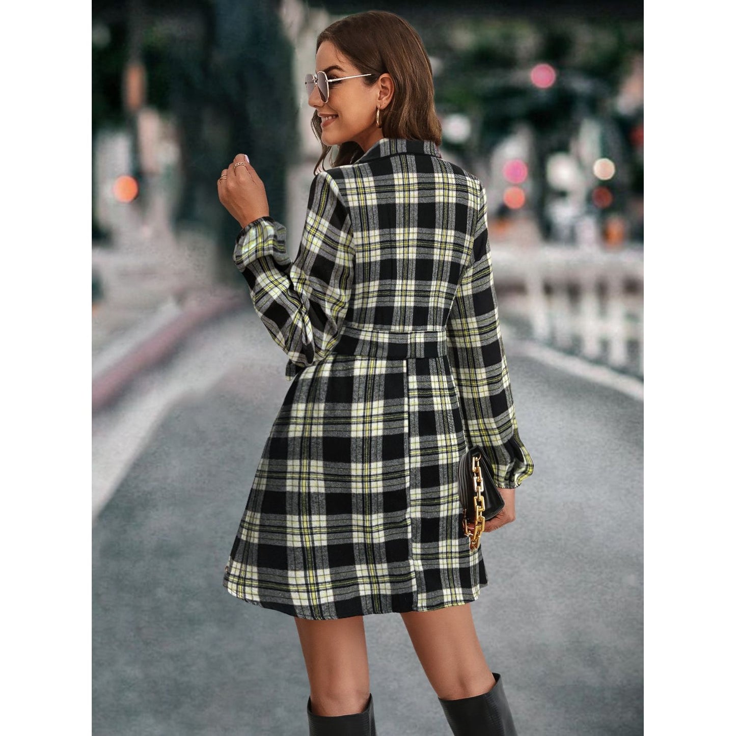 Plaid Tie Front Collared Neck Long Sleeve Dress