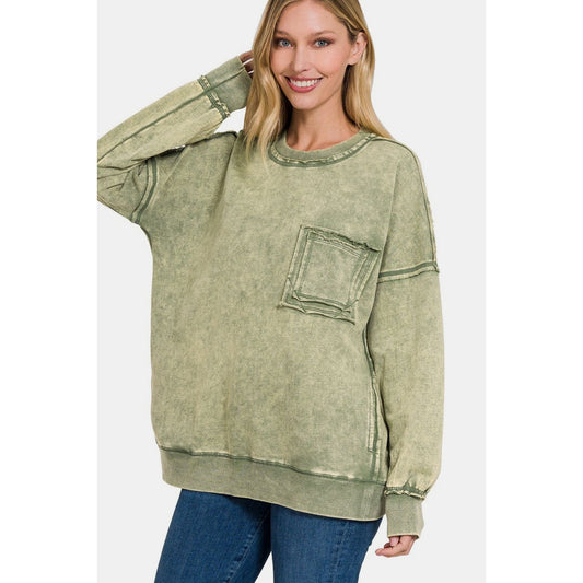 Zenana Exposed Seam Round Neck Dropped Shoulder Sweatshirt