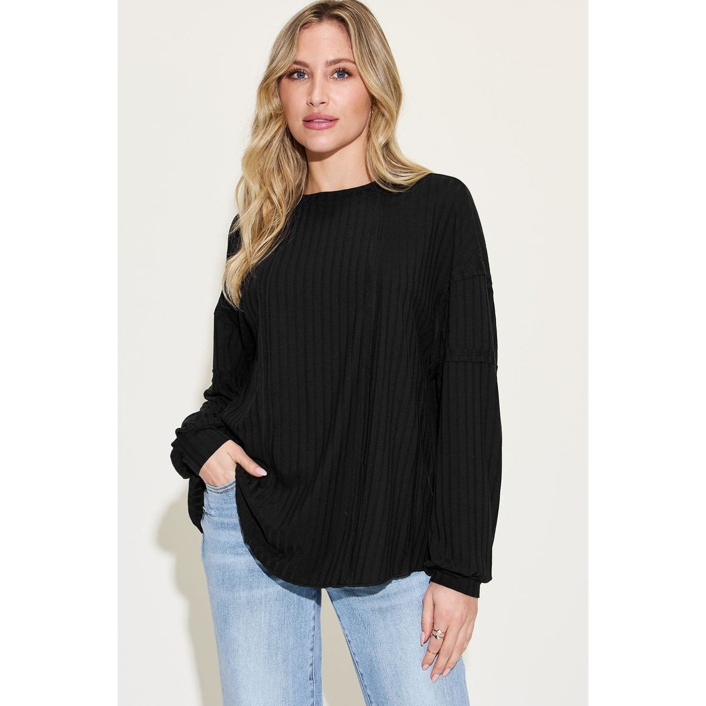 Basic Bae Full Size Ribbed Round Neck Long Sleeve T-Shirt