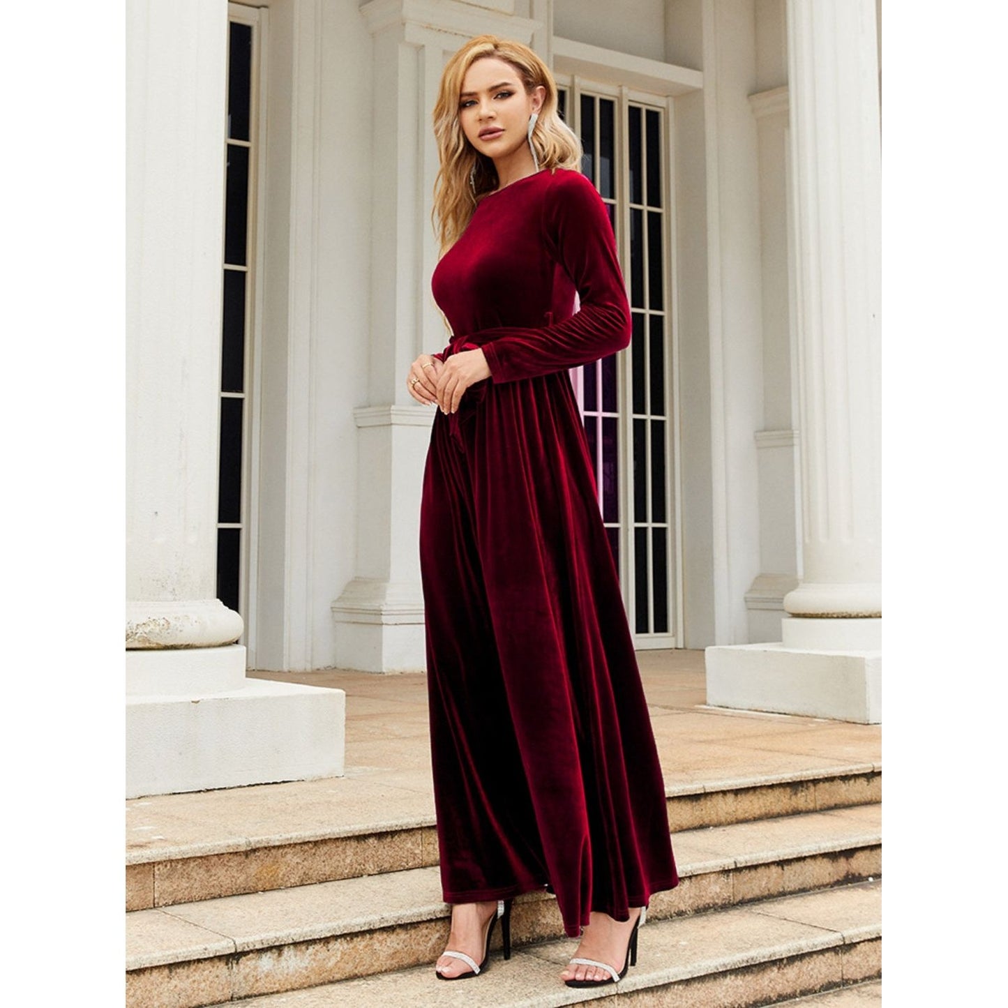 Tie Front Round Neck Long Sleeve Maxi Dress