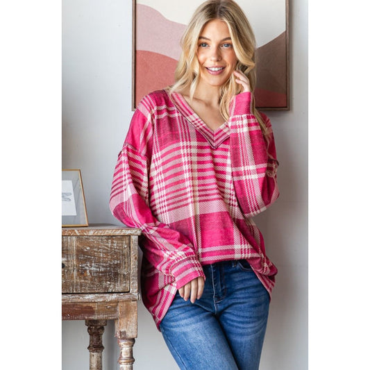 Heimish Plaid Drop Shoulder V-Neck T-Shirt