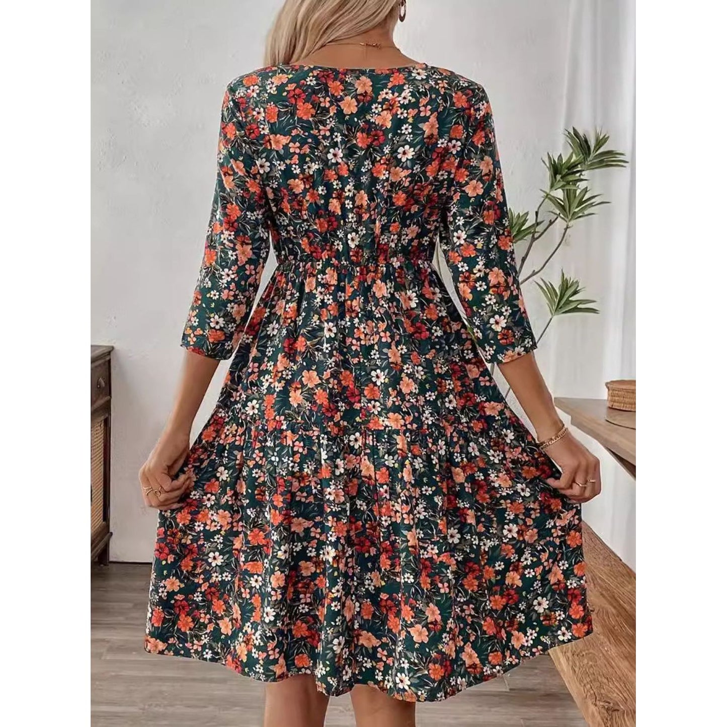 Frill Floral Round Neck Dress