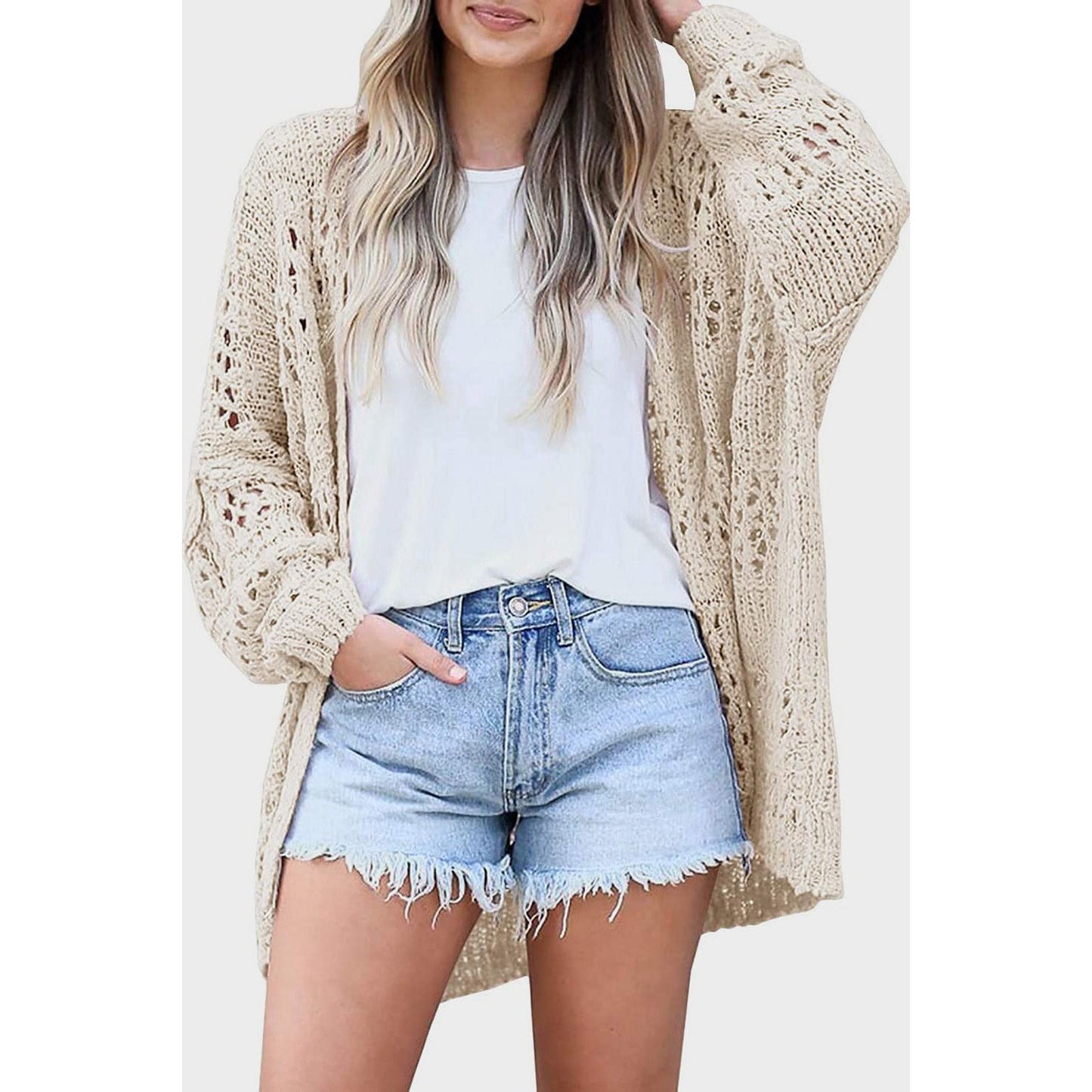 Openwork Open Front Long Sleeve Cardigan