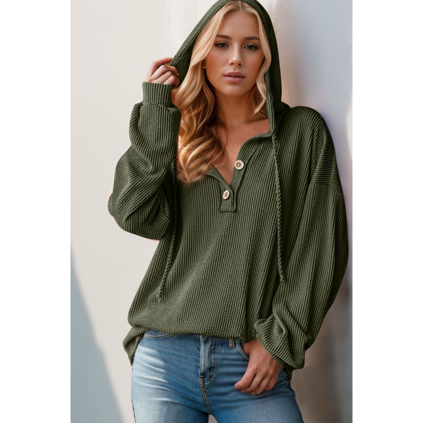 Double Take Full Size Half Button Long Sleeve Hoodie