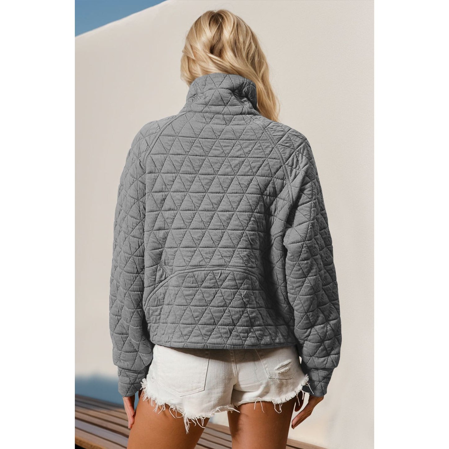 Double Take Half Zip Long Sleeve Quilted Sweatshirt with Pocket