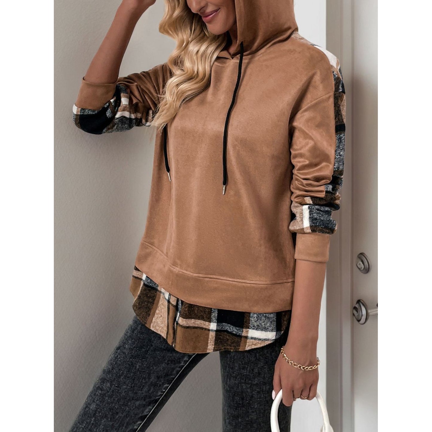 Perfee Drawstring Slit Plaid Long Sleeve Hoodie