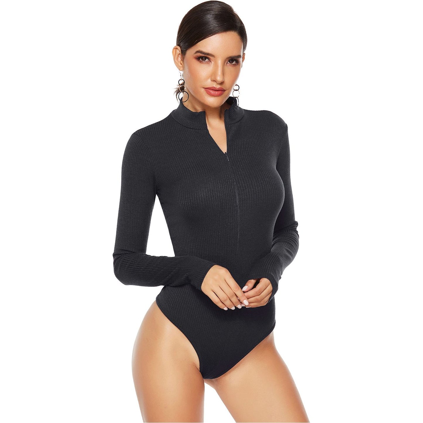 Full Size Ribbed Half Zip Long Sleeve Bodysuit