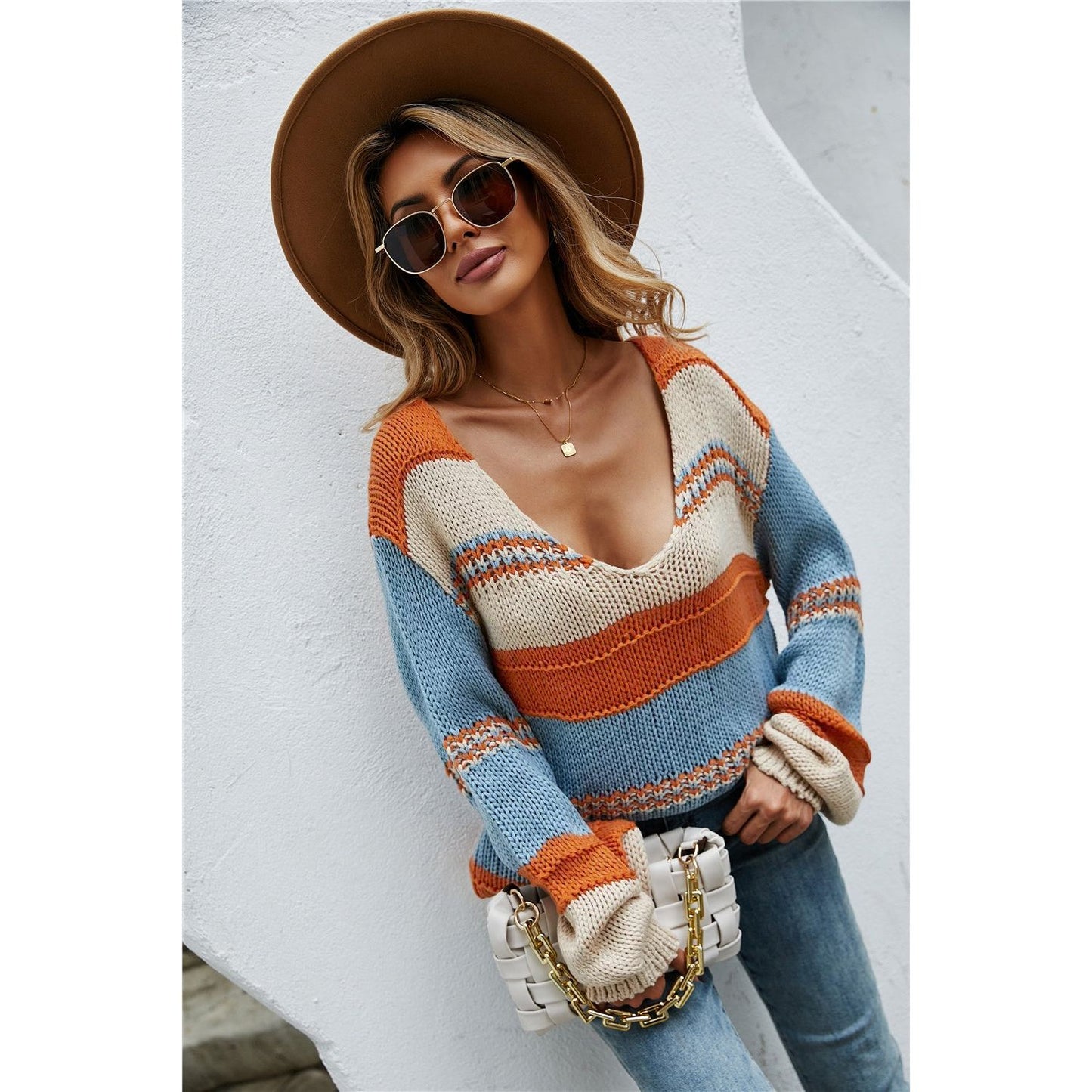 Angel Wings Color Block V-Neck Dropped Shoulder Sweater