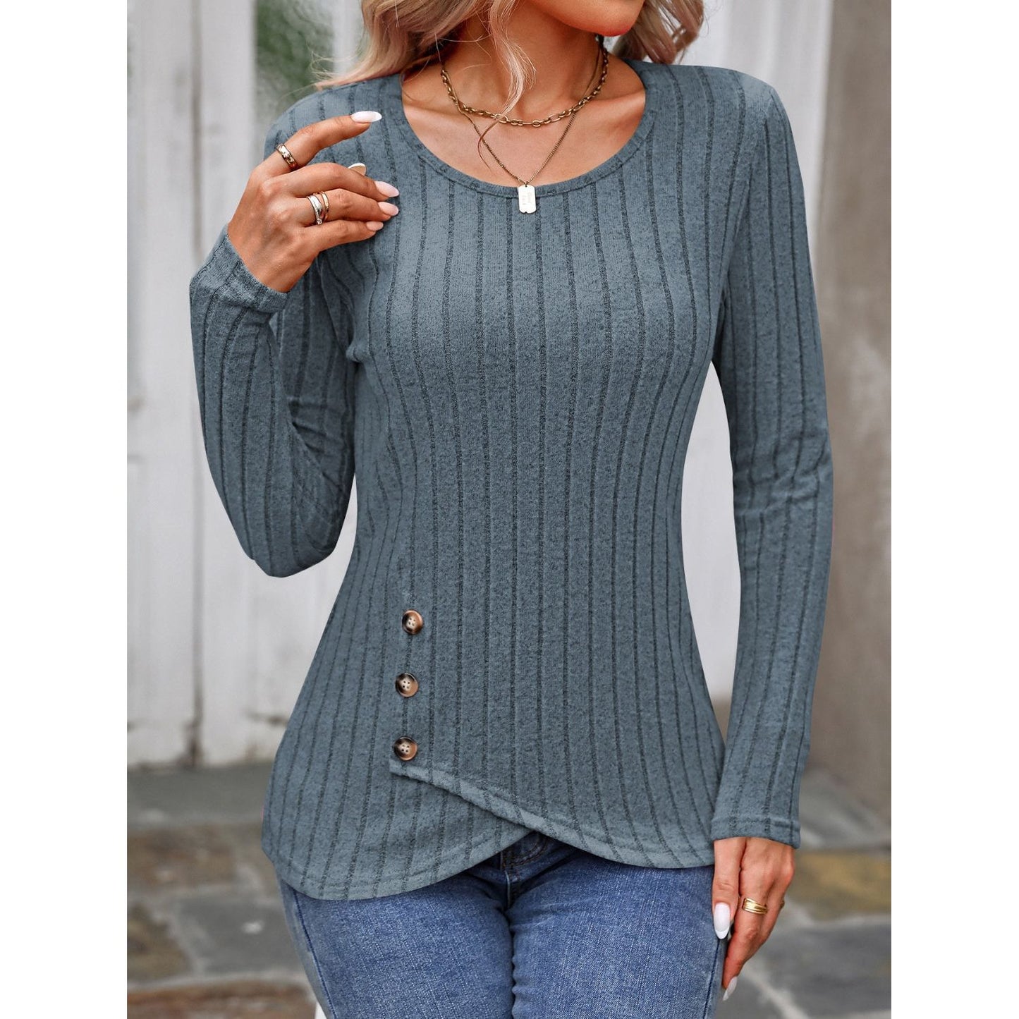 Decorative Button Round Neck Long Sleeve T-Shirt