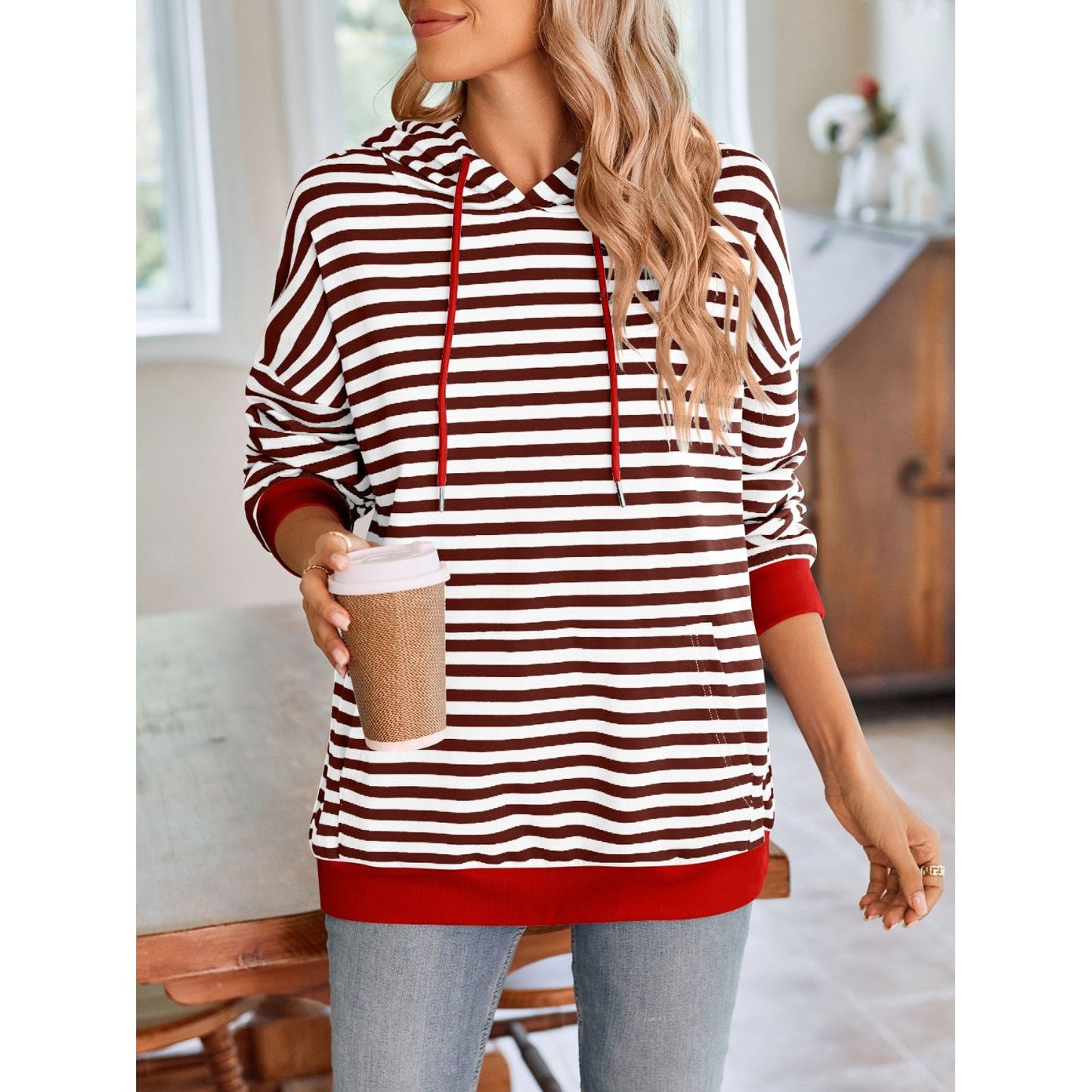 Lovelet Drawstring Striped Long Sleeve Hoodie