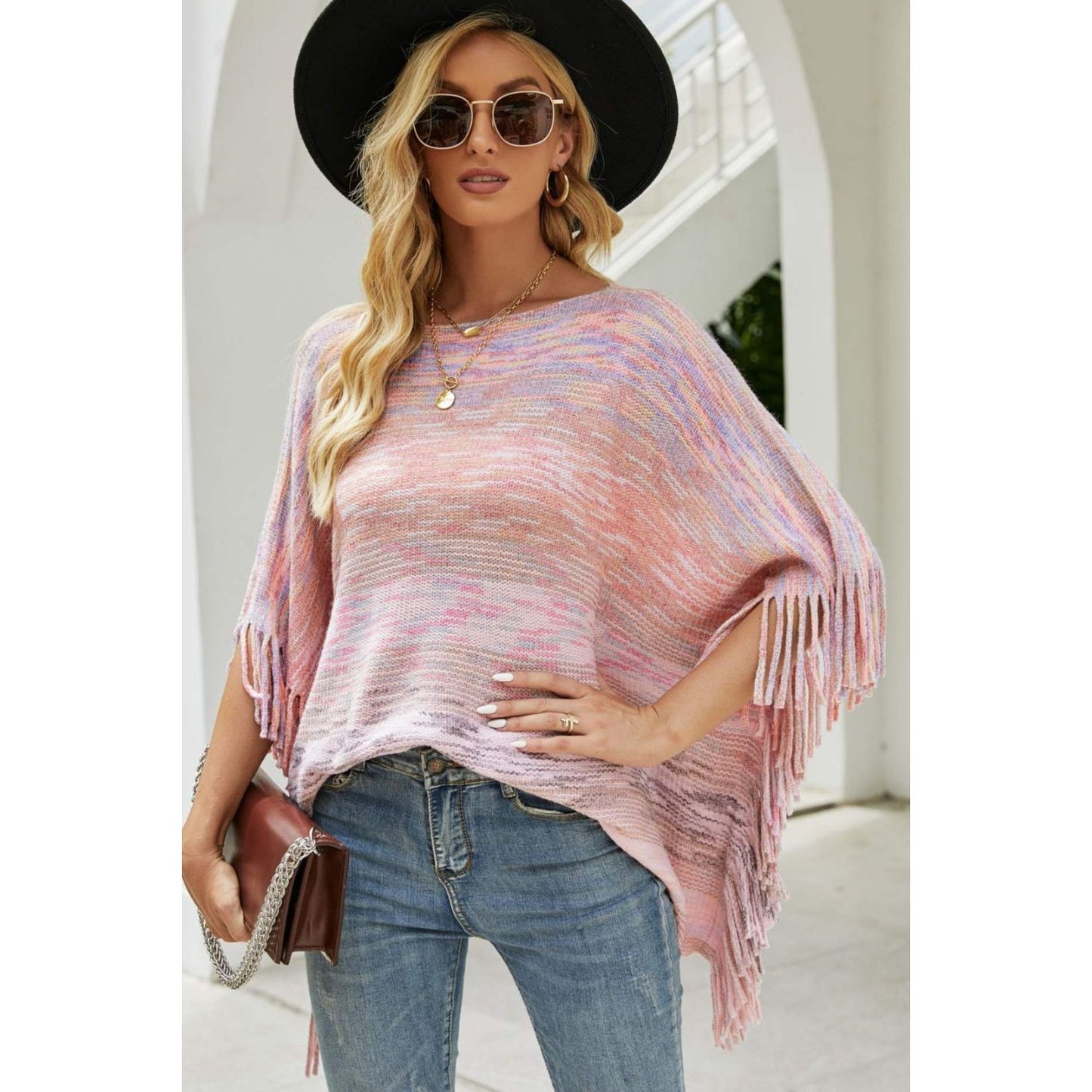 Round Neck Fringe Detail Poncho