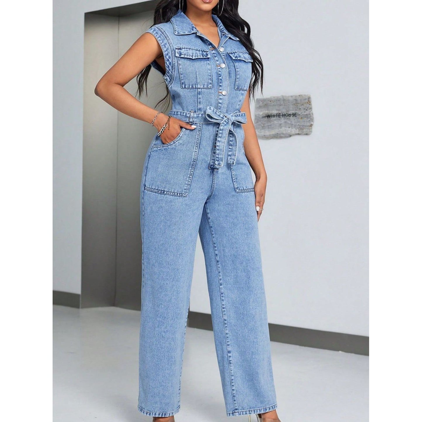 Tied Half Button Denim Jumpsuit with Pockets