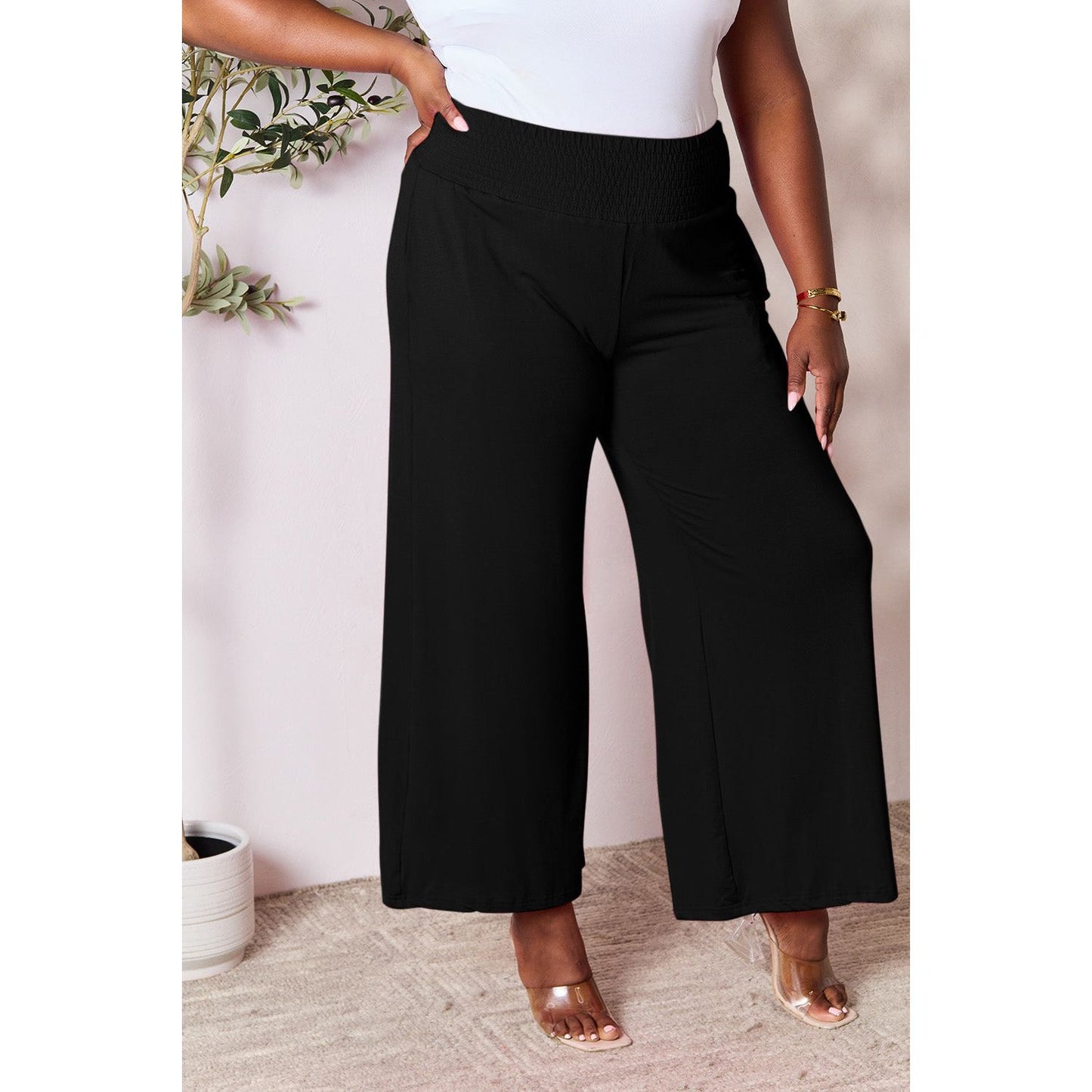 Double Take Full Size Smocked Wide Waistband Wide Leg Pants