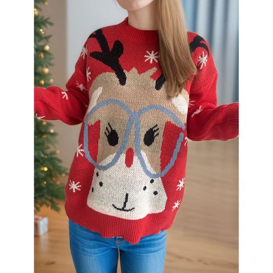 Reindeer Round Neck Dropped Shoulder Sweater