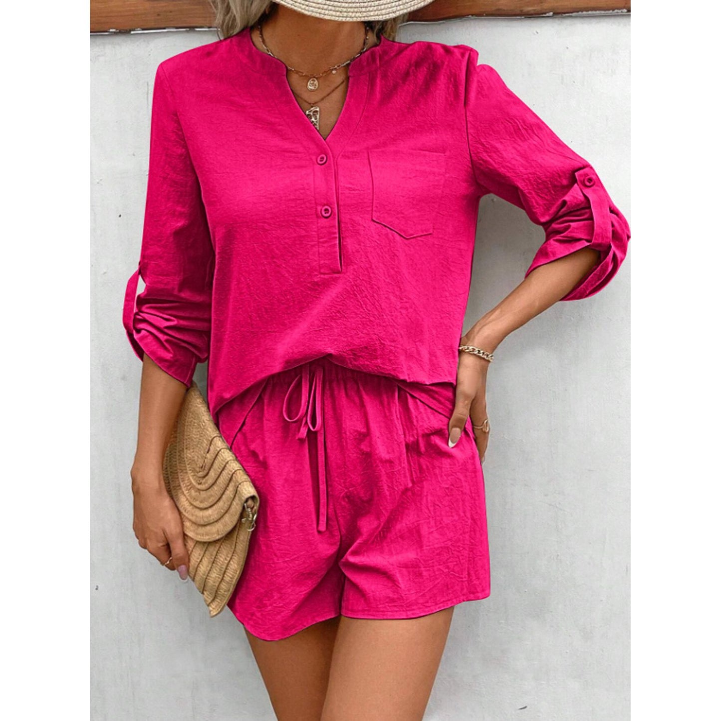 Notched Long Sleeve Top and Shorts Set