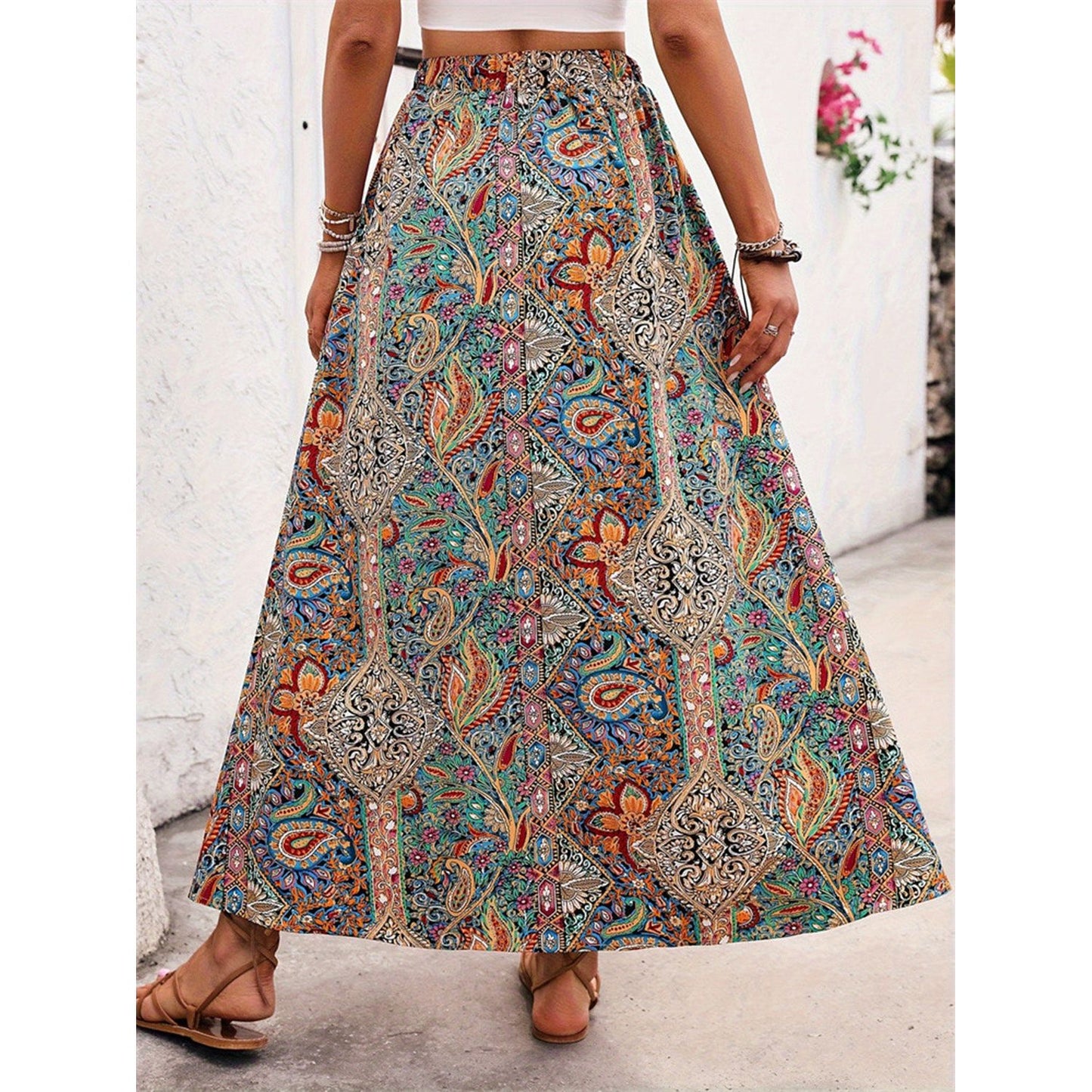 Slit Printed Elastic Waist Skirt