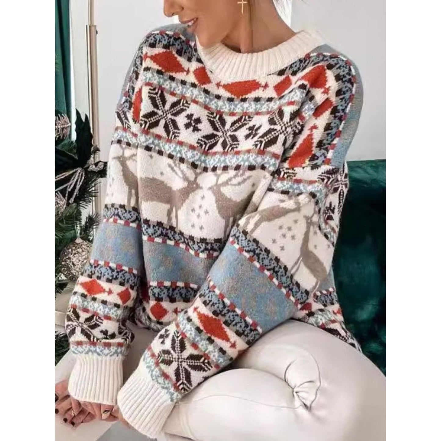 Geometric Round Neck Dropped Shoulder Sweater