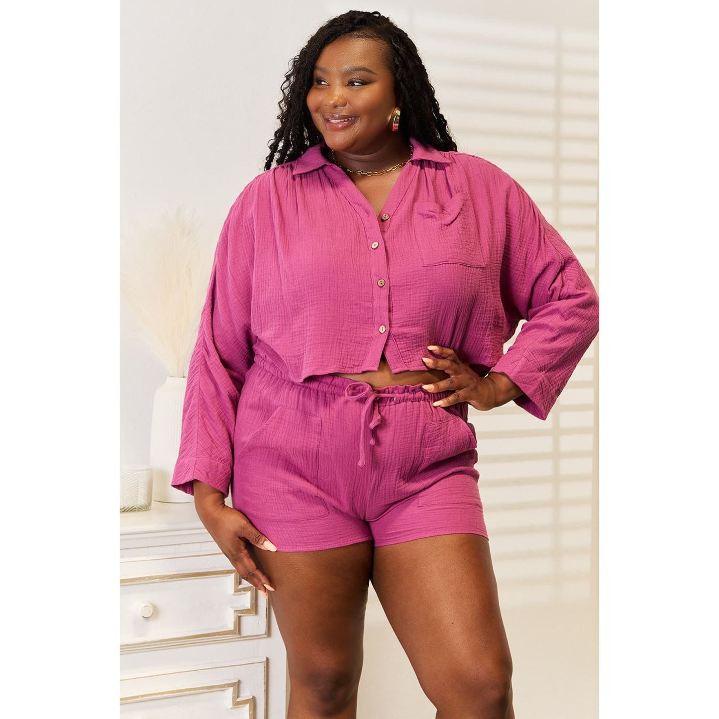 Basic Bae Buttoned Long Sleeve Top and Shorts Set