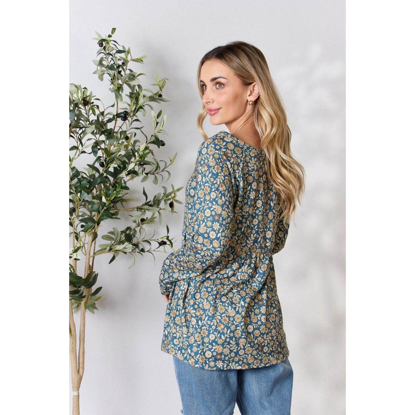 Heimish Full Size Floral Half Button Long Sleeve Blouse