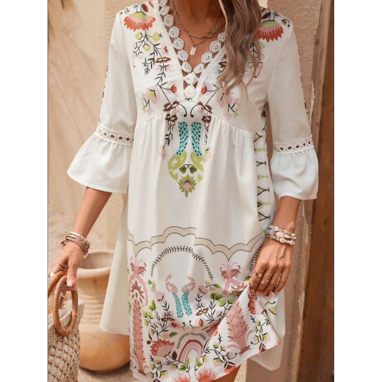 Lace Detail Printed Three-Quarter Sleeve Dress