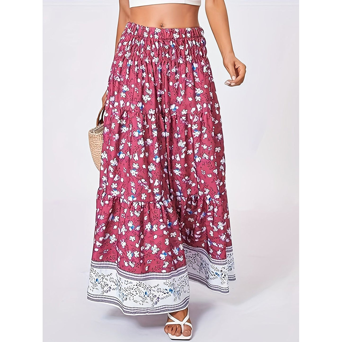 Full Size Tiered Printed Elastic Waist Skirt