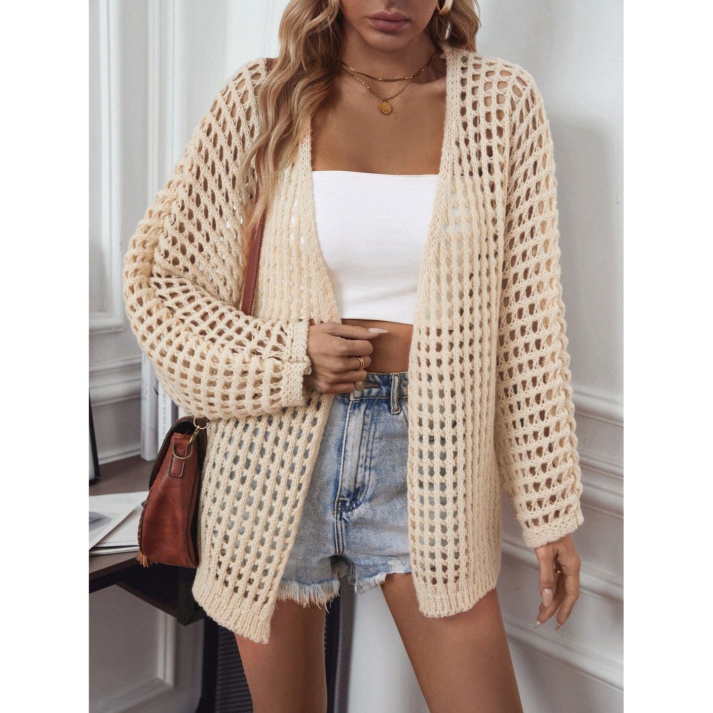 Openwork Open Front Long Sleeve Cardigan