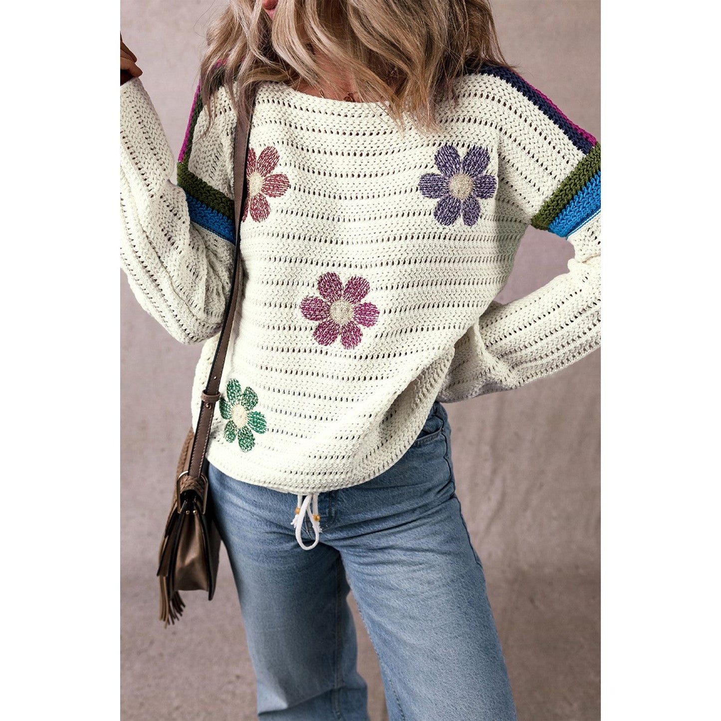 Flower Round Neck Long Sleeve Sweater