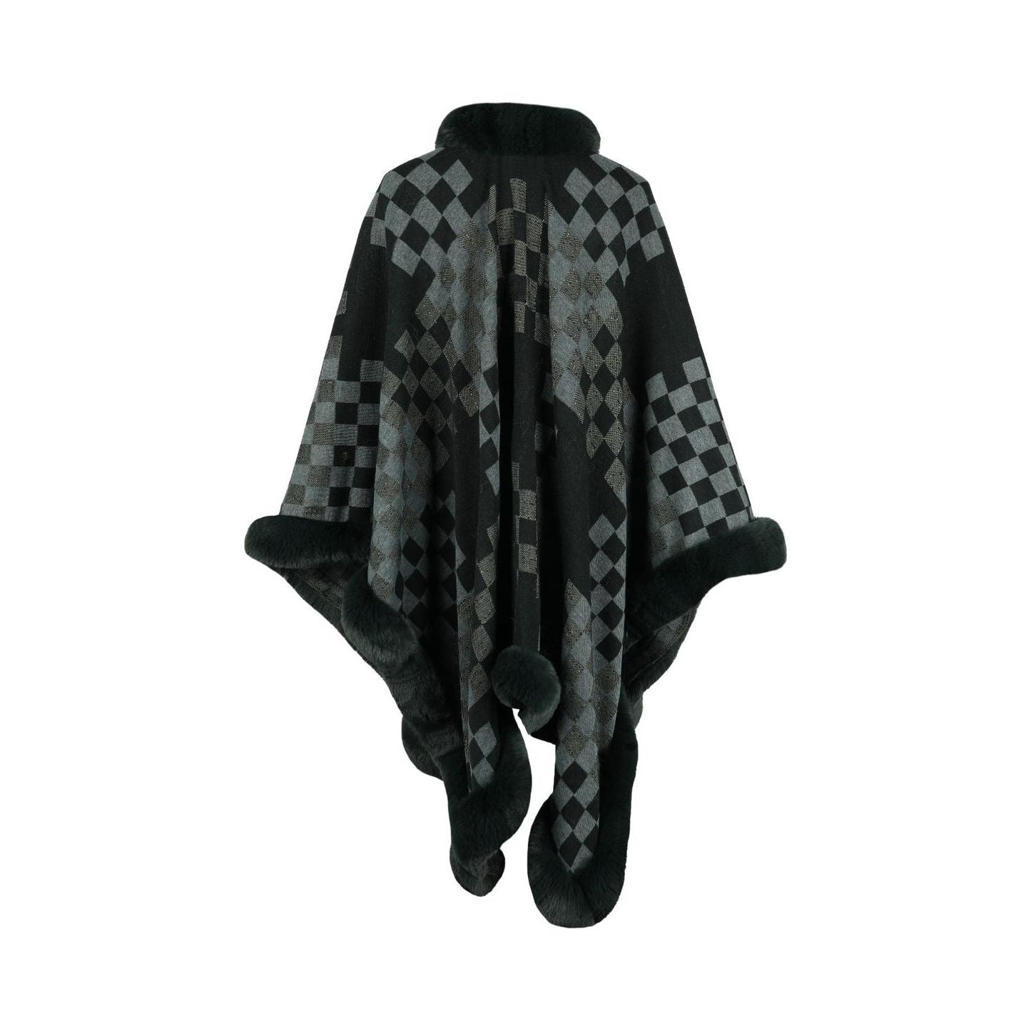 Checkered Faux Fur Trim Poncho