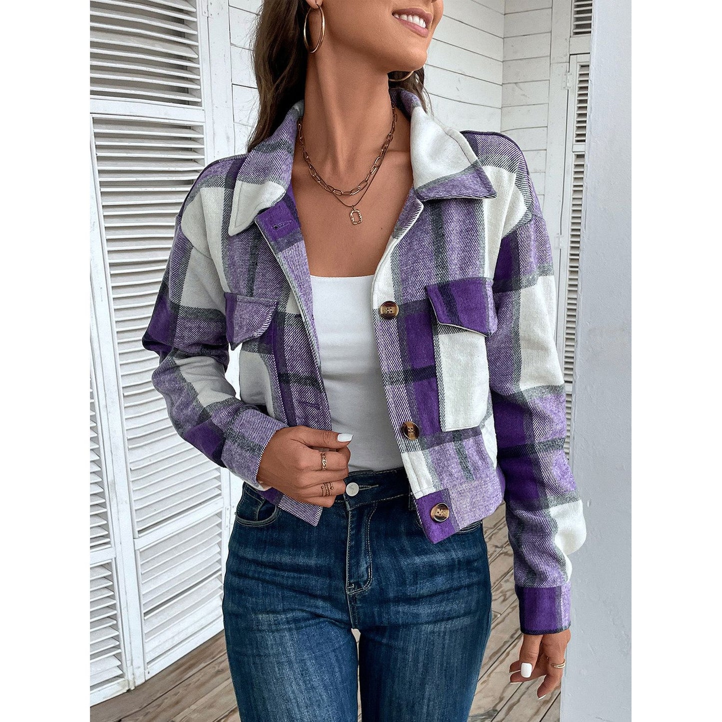 Perfee Plaid Button Up Drop Shoulder Cropped Jacket