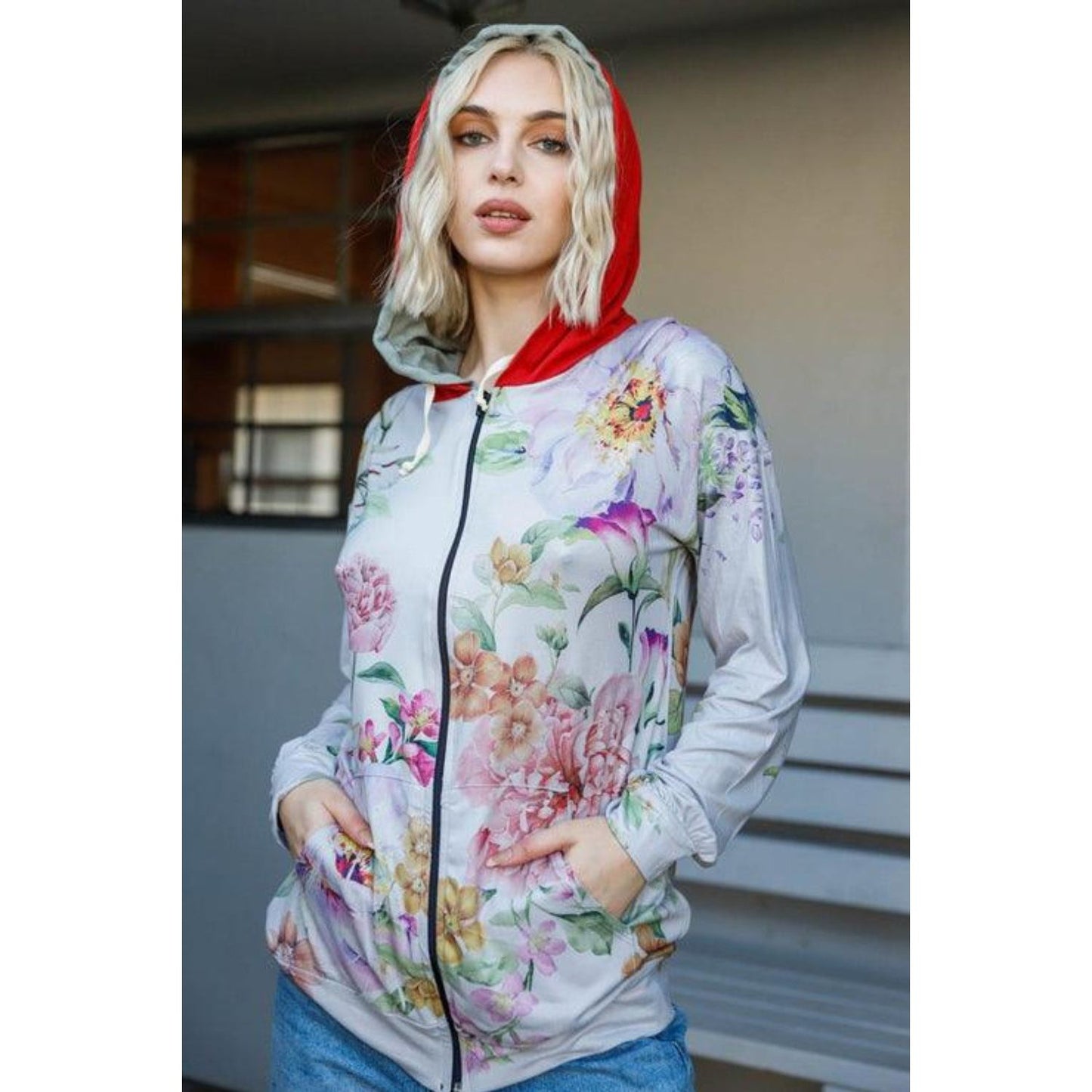 Blumin Apparel Full Size Floral Zip Up Hoodie