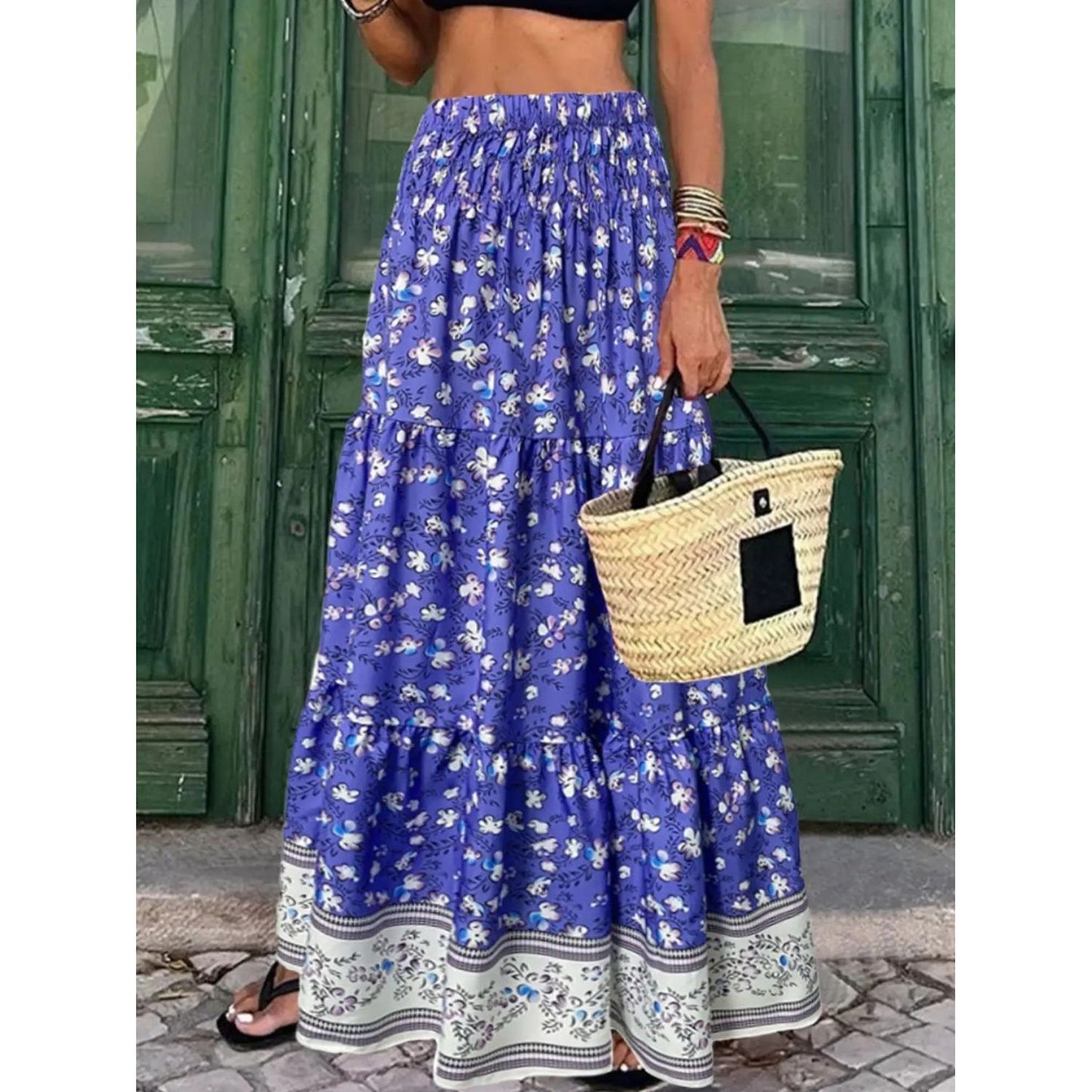 Full Size Tiered Printed Elastic Waist Skirt