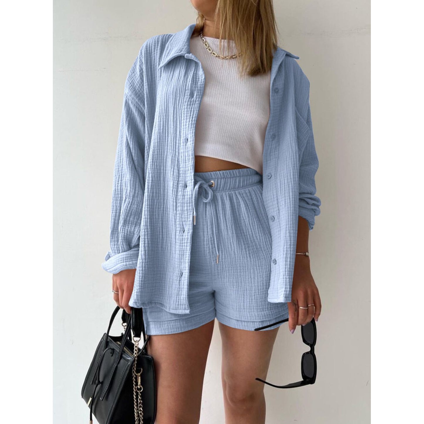 Texture Button Up Shirt and Drawstring Shorts Set