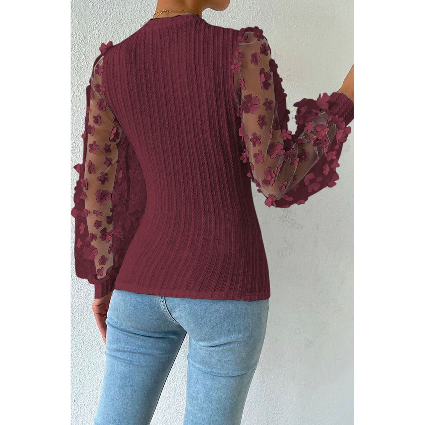 Double Take Textured Applique Long Sleeve Blouse