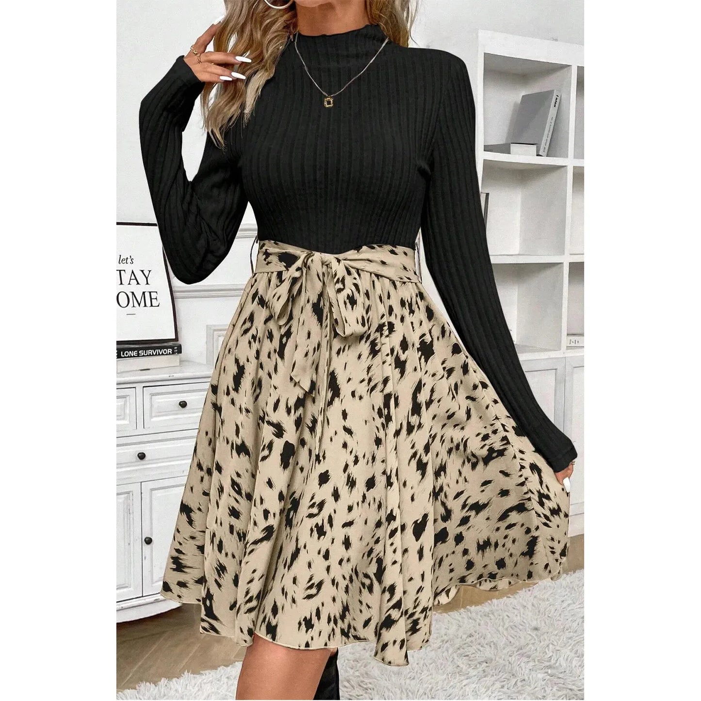 Tied Printed Mock Neck Long Sleeve Dress