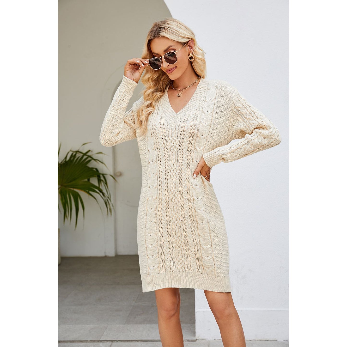 Cable-Knit Long Sleeve Sweater Dress