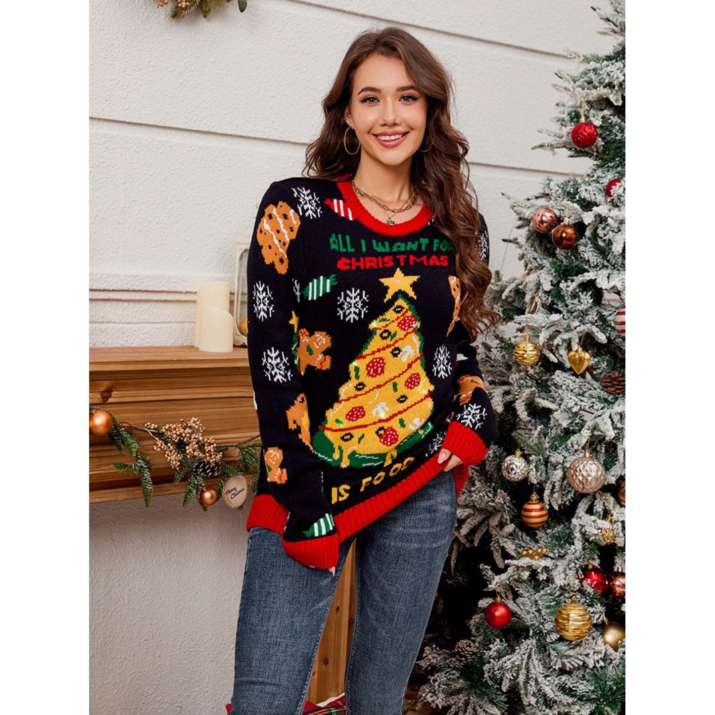 Christmas Element Round Neck Long Sleeve Sweater